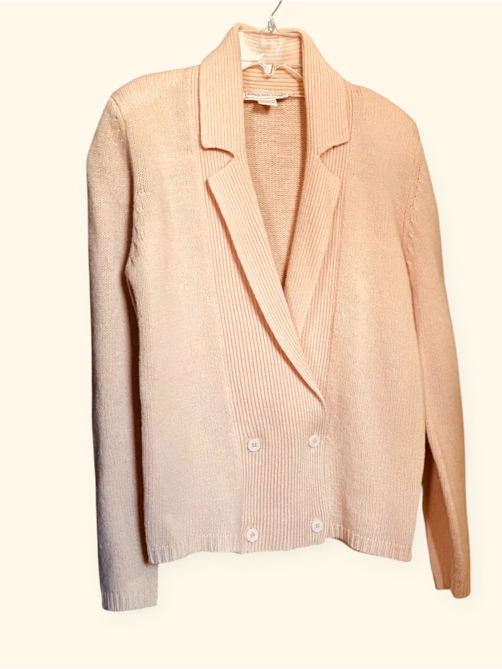 Vtg Jones New York Double-Breasted Shawl Collar Lambswool Blush Pink Cardigan M
